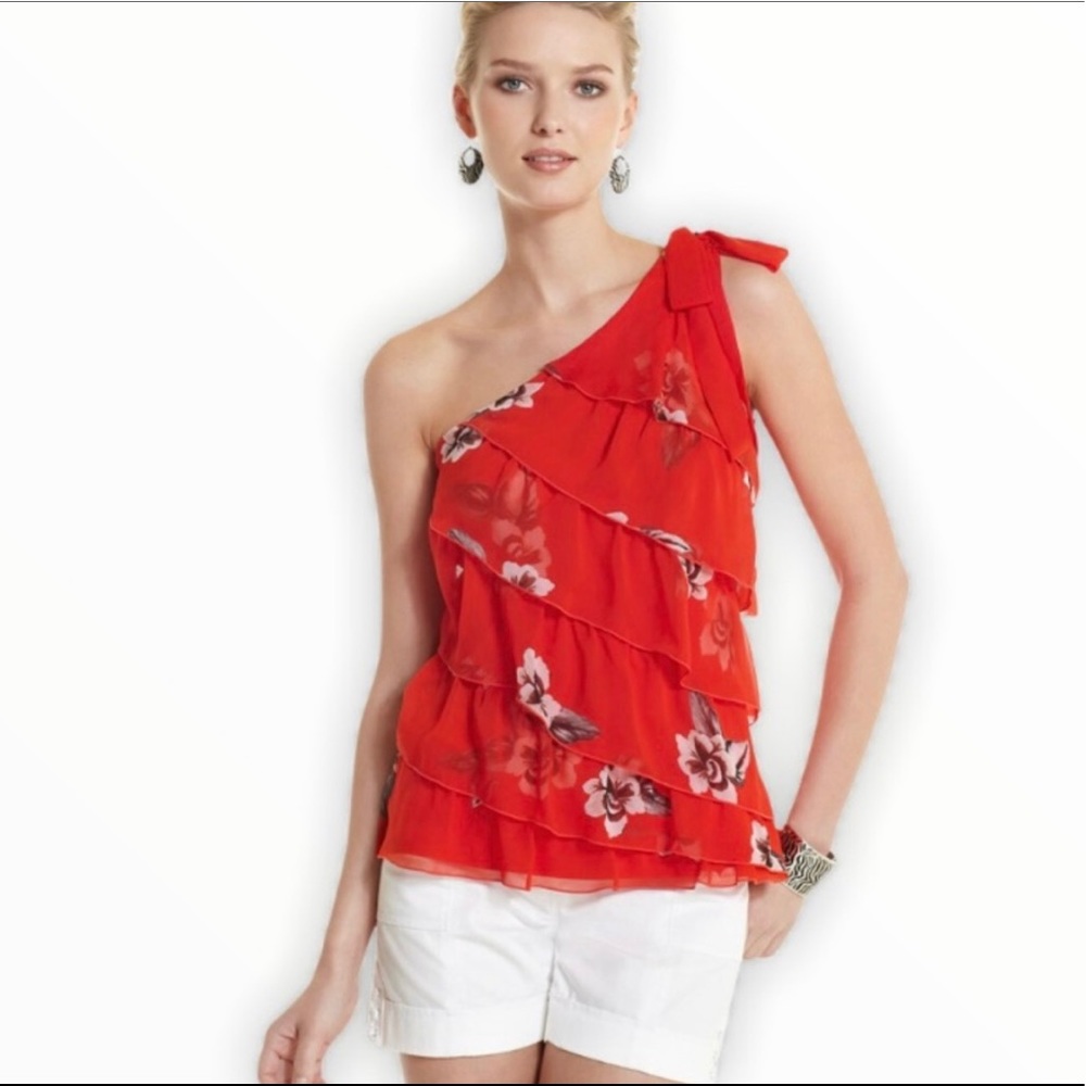 WHBM Orange Floral Ruffle One Shoulder Top XXS